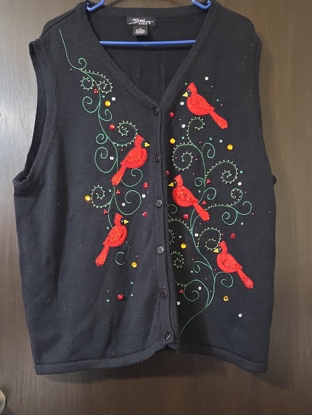 SML Woman black with red Cardinal Appliqué sequined Button down Vest 2X